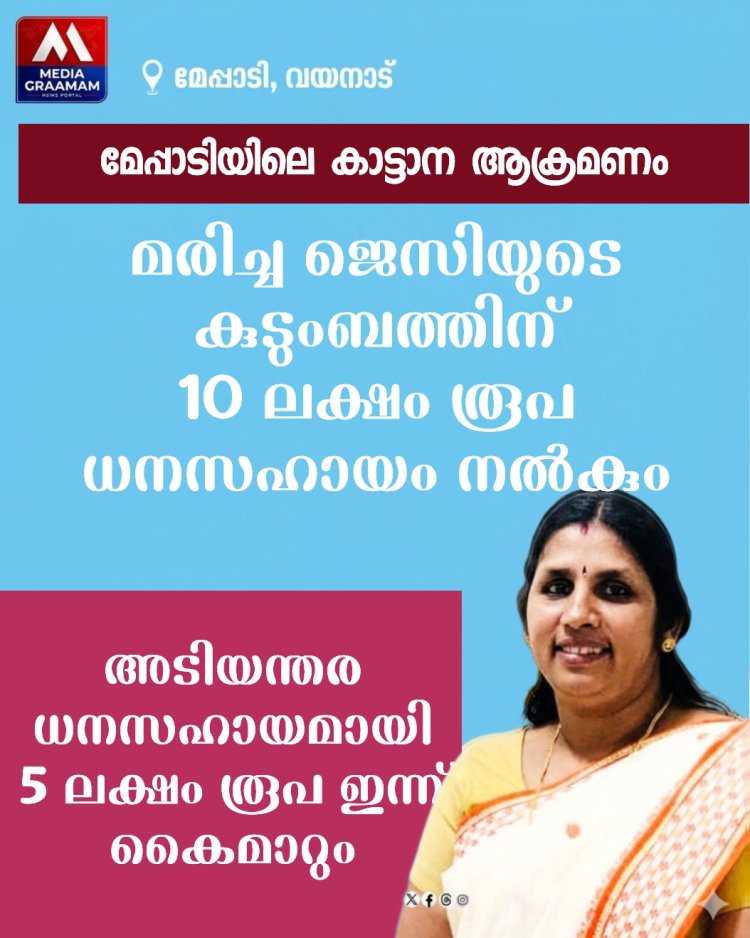 വയനാട് മേപ്പാടിയിലെ കാട്ടാന ആക്രമണം; മരിച്ച ജെസിയുടെ കുടുംബത്തിന് സർക്കാർ10 ലക്ഷം രൂപ ധനസഹായം പ്രഖ്യാപിച്ചു കുടുംബത്തിലെ ആശ്രിതരിൽ ഒരാൾക്ക് താൽക്കാലിക ജോലി നൽകുമെന്നും ഡിഎഫ്ഒ ആഷിഖ് അലി പറഞ്ഞു.